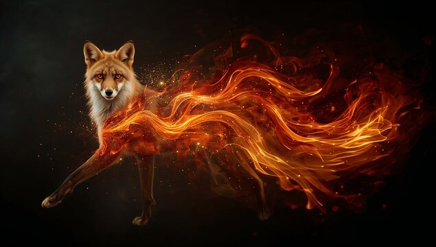 Fox to Flame Spirit Triptych &mdash; Graceful abstract metamorphosis of a fox transforming into flowing ribbons of firelight, elegant elemental wallpaper.