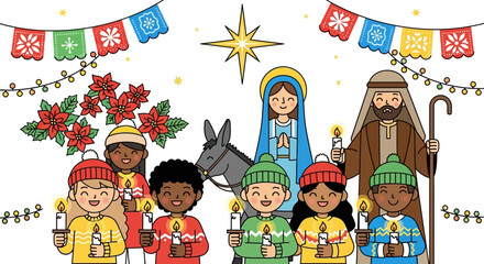 Nativity scene illustration with Mary Joseph donkey children holding candles star papel picado banner poinsettias and lights