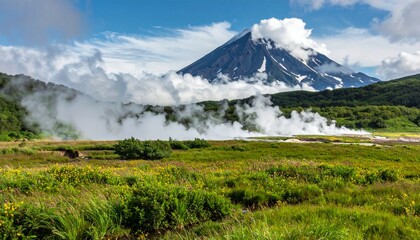 Stunning volcanic landscape with vibrant green meadow, rising steam, and snow-capped mountain peak under a dramatic sky, perfect for travel and adventure themes, inspiring exploration and wanderlust