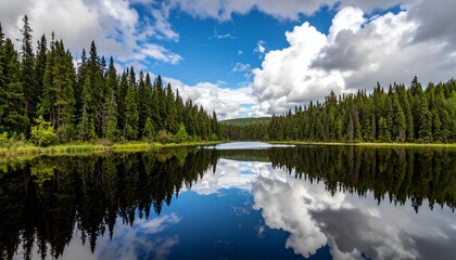 Serene lake reflects majestic forest and dramatic sky, inviting outdoor adventure and peaceful escape, nature's beauty for travel inspiration and environmental awareness campaigns