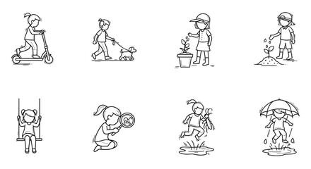 Naklejka premium line art of happy children playing exploring and enjoying nature depicting joyful childhood outdoor activities.
