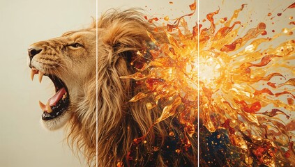 Lion to Sun Spirit Triptych — Fiery abstract metamorphosis of a lion transforming into radiant sunlight, golden energy wall art and smartphone wallpaper.