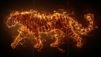 Tiger to Fire Spirit Triptych — Fiery transformation of tiger stripes into swirling flames, bold energy artwork and smartphone wallpaper.