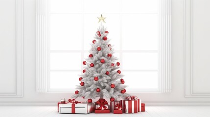 A beautifully decorated white Christmas tree adorned with red ornaments and a golden star, surrounded by wrapped gifts.