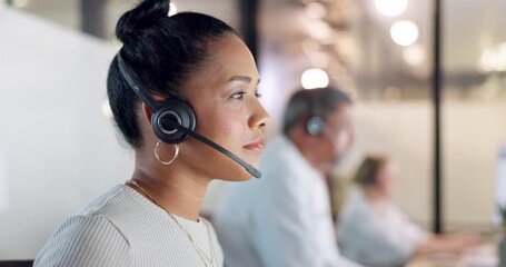 Woman, reading and customer support with headset for crm, call center and bokeh in office. Consultant, technology and advice agency with typing, problem solving and operator with help desk at night - Powered by Adobe
