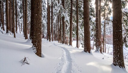 Fototapeta premium Enchanting winter wonderland forest scene with snow-covered trees and a winding path creating a serene and peaceful atmosphere perfect for holiday cards, nature calendars, and winter promotions