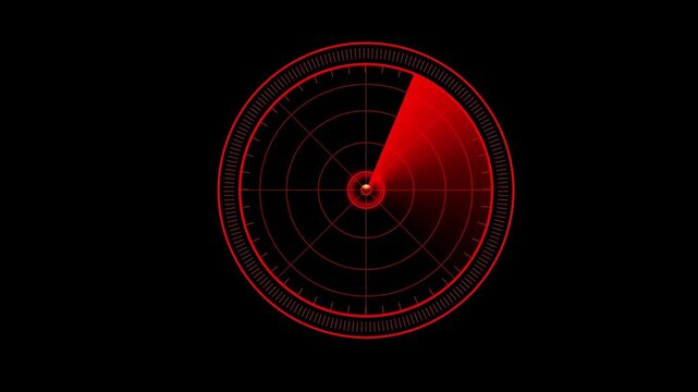 Red tech space radar interface with rotating loop animation on black background	