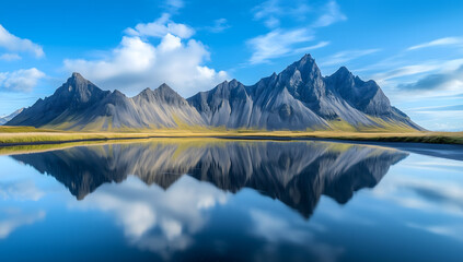 Wide panorama shows rugged mountains and glassy water, smooth reflections double the peaks with blue tones and a calm mood.