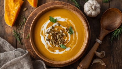 Butternut Squash Soup, smooth creamy soup made from roasted butternut squash, served warm with herbs and bread, comforting autumn meal visuals