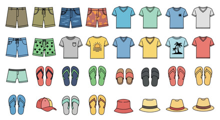 The image depicts a collection of summer apparel items including shorts tshirts sandals and hats arranged in rows