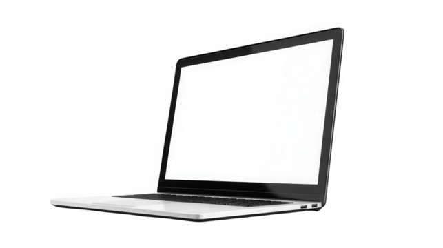 Modern laptop with a blank white screen against a simple view on transparent background