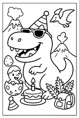 Cartoon Dinosaur Birthday Party Outline with Volcanoes Pterodactyl and Hatching Dino.