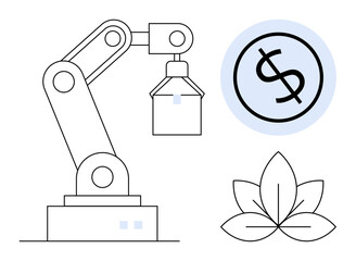 Obraz premium Robotic arm lifting object, dollar sign circle symbolizing profit, and a leaf representing eco-sustainability. Ideal for technology, automation, finance, innovation, environment, renewable energy