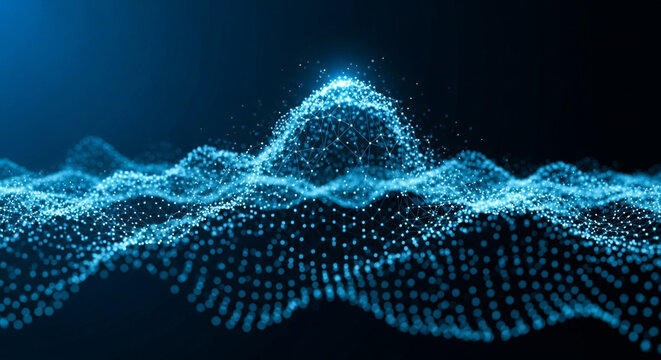 Stunning blue digital network wave glowing with bright connections and particles, representing abstract data flow and technological innovation in a dark modern space. - Powered by Adobe
