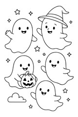 Cartoon Ghosts with Pumpkin and Witch Hat in Black and White Outline.