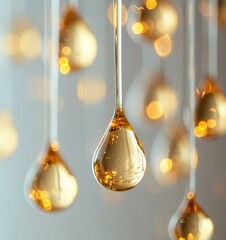 Close-up of skincare oil droplets on a grey background, representing wellness, cosmetics, and dermatology. This detailed shot emphasizes the benefits of facial health treatments, Generative AI