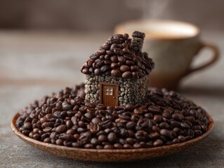 Fototapeta premium Coffee bean tiny house on saucer surreal foodhome concept