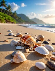 Seashells scattered on golden sand with ocean waves and distant mountains