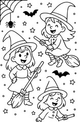 Halloween Coloring Page with Witches Bats Spider Web and Stars.