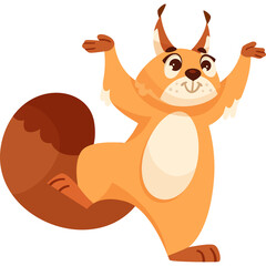 Playful cartoon squirrel in a dynamic pose with raised arms and one leg extended against a transparent background detailed illustration