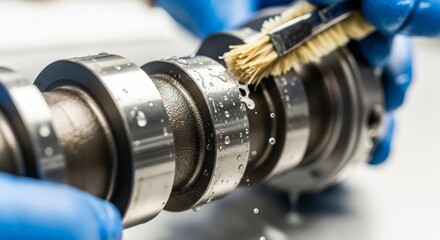 Close-up view of a person meticulously cleaning a metal engine component with a brush.