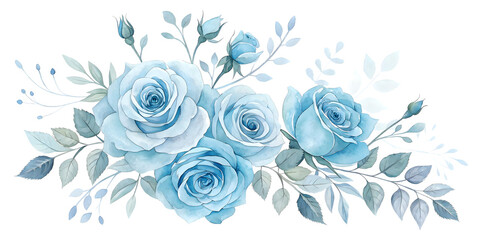 Blue roses and leaves arrangement watercolor isolated