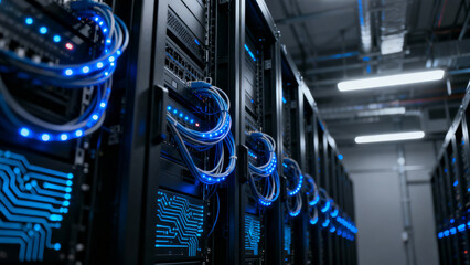 High-tech data center with numerous blue-lit server cables