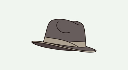 A gray fedora with a beige band rests on a white background