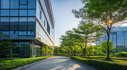 Contemporary office complex features glass facades, vibrant green surroundings, open space, and natural sunlight in city setting.