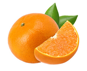 Orange fruit with leaves and slice isolated, Orange fruit macro studio photo, transparent PNG, PNG format, cut out
