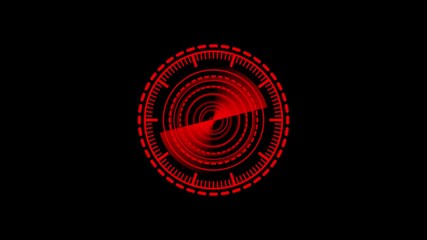 Abstract Red radar monitor screen on black grid background, round core and electronic circuit animation. 4k video