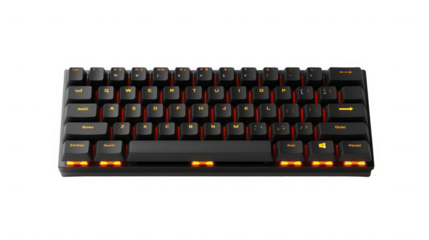 Illuminated mechanical keyboard with orange backlighting view on transparent background