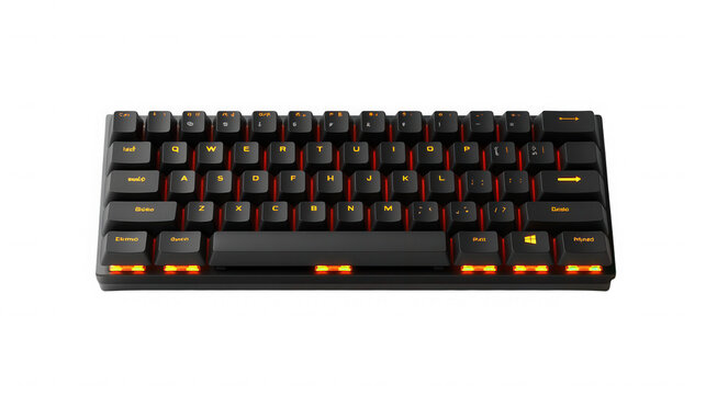 Illuminated mechanical keyboard with orange backlighting view on transparent background