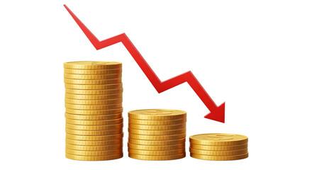 Declining financial losses represented by coin stacks and a red arrow on transparent background