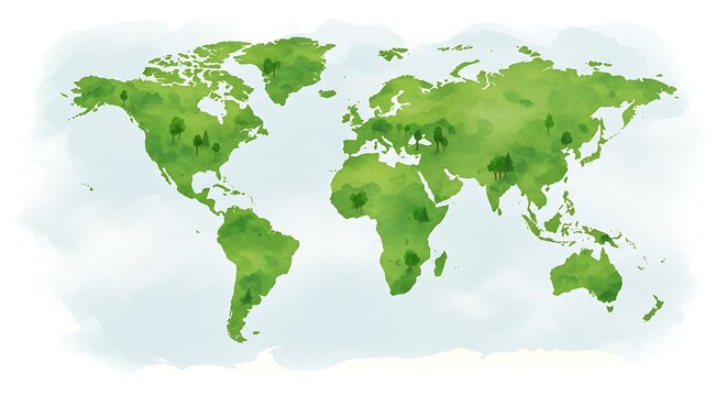 Beautiful artistic world map painted in green watercolor tones, representing a sustainable and thriving planet Earth with lush forests