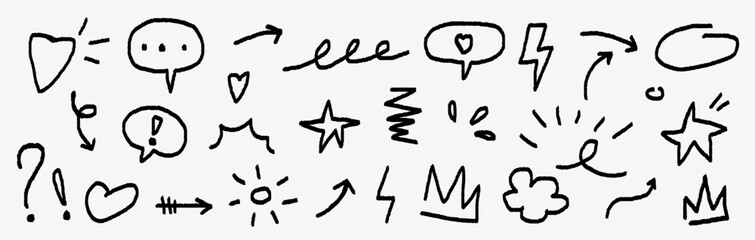 Line marker hand drawn doodle icon set. Arrows, hearts, stars, crowns, and speech bubbles. Fun sketch elements for social media design, highlights, blog decoration, and creative layouts. 