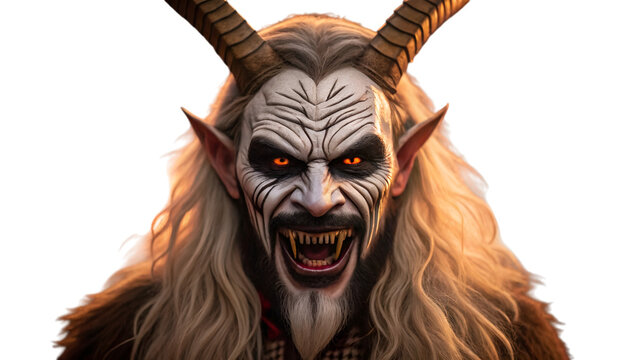 Frightening krampus creature with horns and fangs on black background