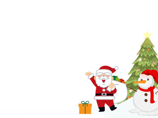 santa claus carrying gifts bag for christmas under xmas or christmas tree near snow man for christmas - template or background - transparent illustration