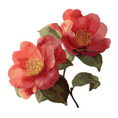 Watercolor painting of Japanese camellia flowers isolated on white background