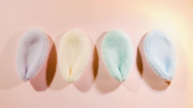 Four pastel-colored fluffy ear-shaped objects are aligned in a row on a soft pink background with shadows
