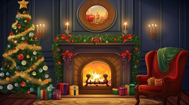 A Cozy Christmas Scene with a Decorated Tree and ling Fireplace