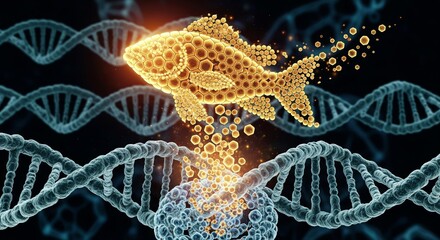Conceptual illustration of a fish composed of particles emerging from DNA strands, symbolizing genetic engineering.