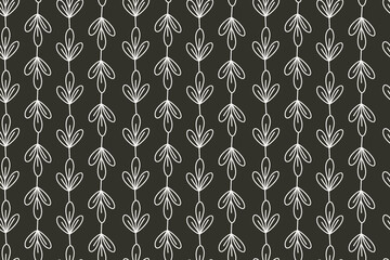 Minimalistic botanical seamless pattern. Hand-drawn, white elements on dark background. Suitable for seasonal, Christmas, eco-friendly projects, textile design, gift wrapping, wallpaper, stationery