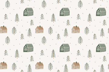 Forest and houses seamless pattern: fir trees, wooden houses, hand-drawn in minimalist naive style. For seasonal, winter, Christmas, children’s products, holiday decor, textile designs, stationery