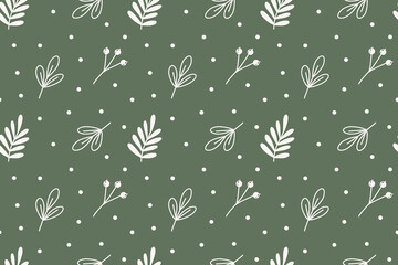 Minimalistic botanical seamless pattern. Hand-drawn, white elements on green background. Suitable for seasonal, Christmas, eco-friendly projects, textile design, gift wrapping, wallpaper, stationery