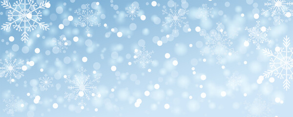 Blue winter background with beautiful snowflakes, highlights, and blurs for design. Snowfall wallpaper in white, turquoise, and blue. Christmas snowflakes on a blue background, vector illustration.
