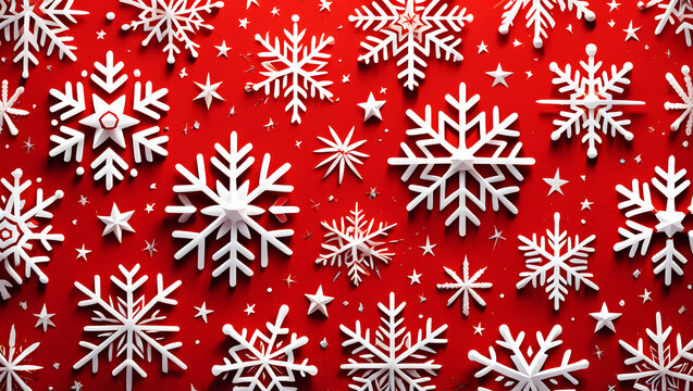 Array of White Snowflakes and Stars on a Vibrant Red Background stock 2122c3ce