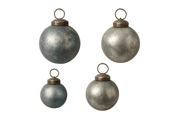 Vintage christmas ornaments featuring rustic silver and blue baubles, transparent background