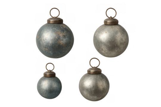 Vintage christmas ornaments featuring rustic silver and blue baubles, transparent background