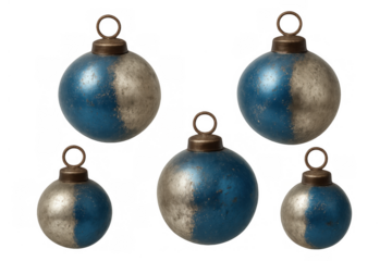 Vintage blue and silver christmas baubles ornament collection with aged weathered texture, isolated on transparent background